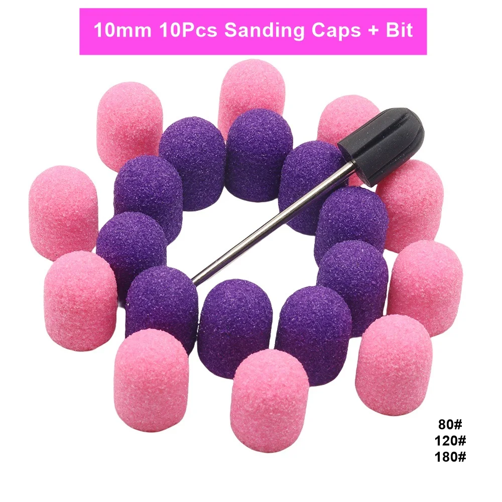 10 Pcs 10mm nail Sanding Caps with Bit Nail Drill Bits For Foot Callus Remover, Manicure Pedicure Nail Polisher #80 #120 #180