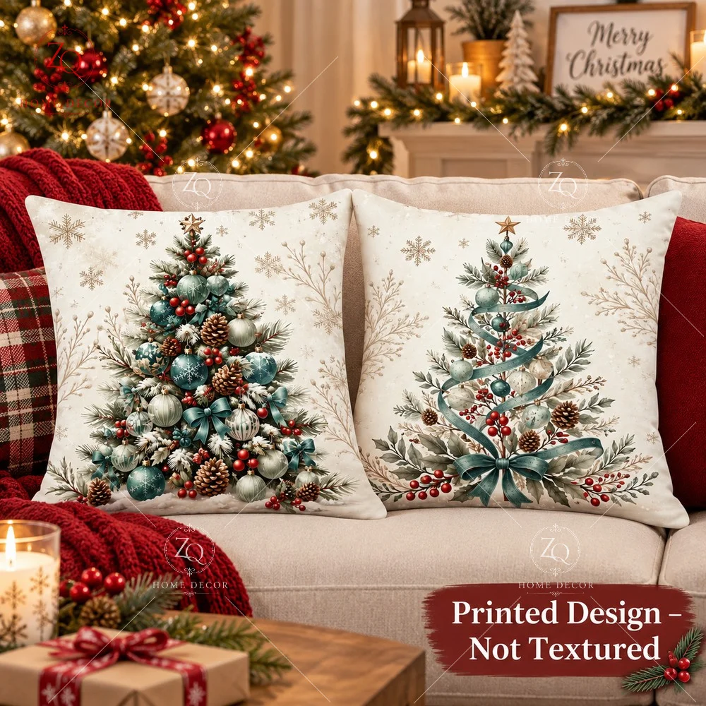 Winter Tree Cushion Cover 2D Flat Printed Peach Skin Pinecone Pillowcase Christmas Holiday Farmhouse Couch Bed Home Decor Cover