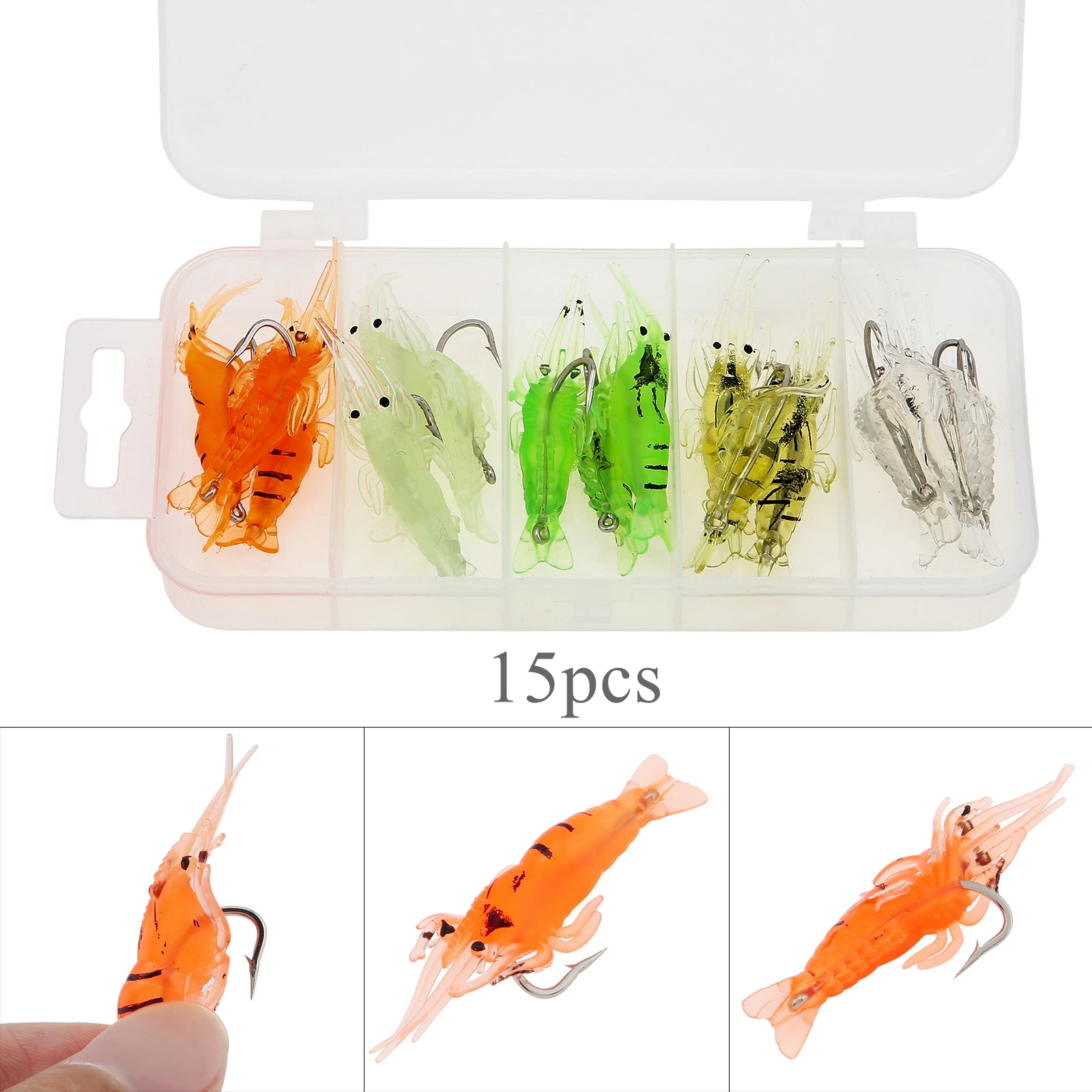 

15pcs Colorful Artificial Glow Fishing Shrimp Baits for Saltwater Freshwater Bass Crappie with Plastic Box Soft Shrimp Lures