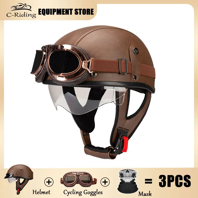 DOT Certification Retro Motorcycle Helmet Half Face Moto Helmet Scooter Vintage Biker Motorbike Moto Helmet With Sunglasses