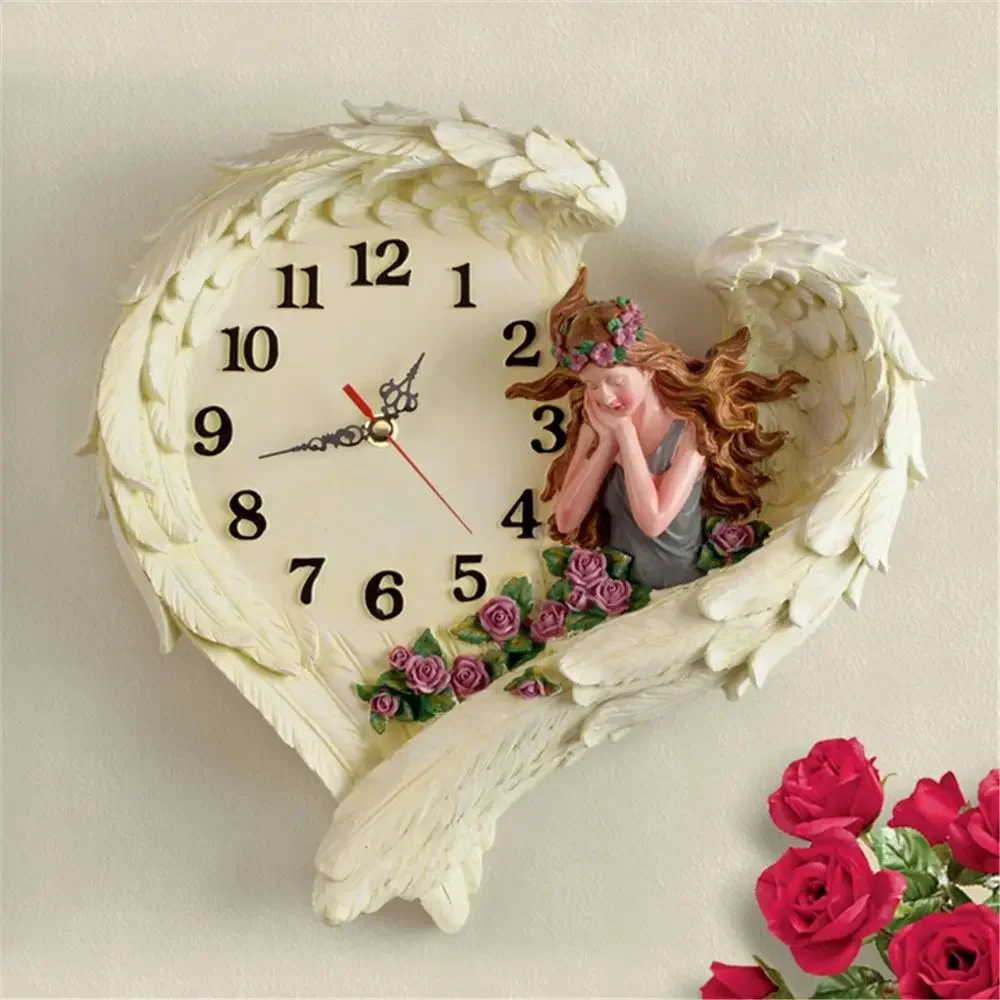 European Style Rural Silent L Size Rose Girl Angel Wall Clock Modern Interior Design 14 Inch