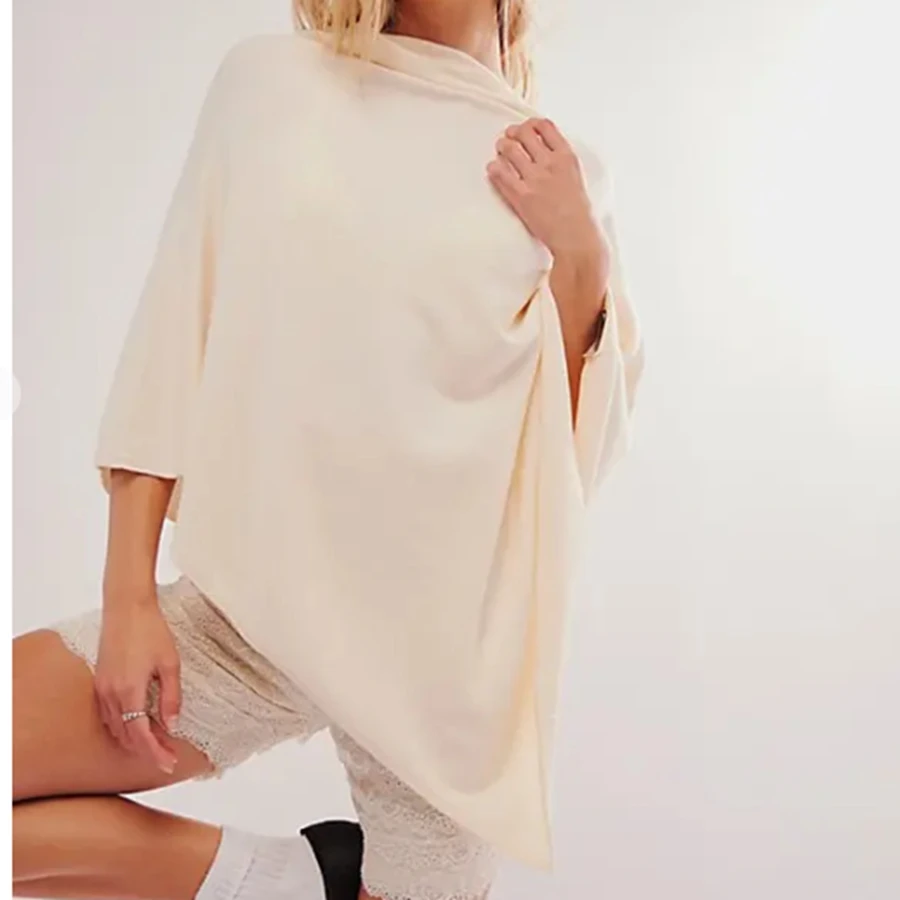 سترة كيب فضفاضة باللون الرمادي الفاتح للنساء بأكمام ثلاثة أرباع قبعات نسائية كاجوال بطبقات #4