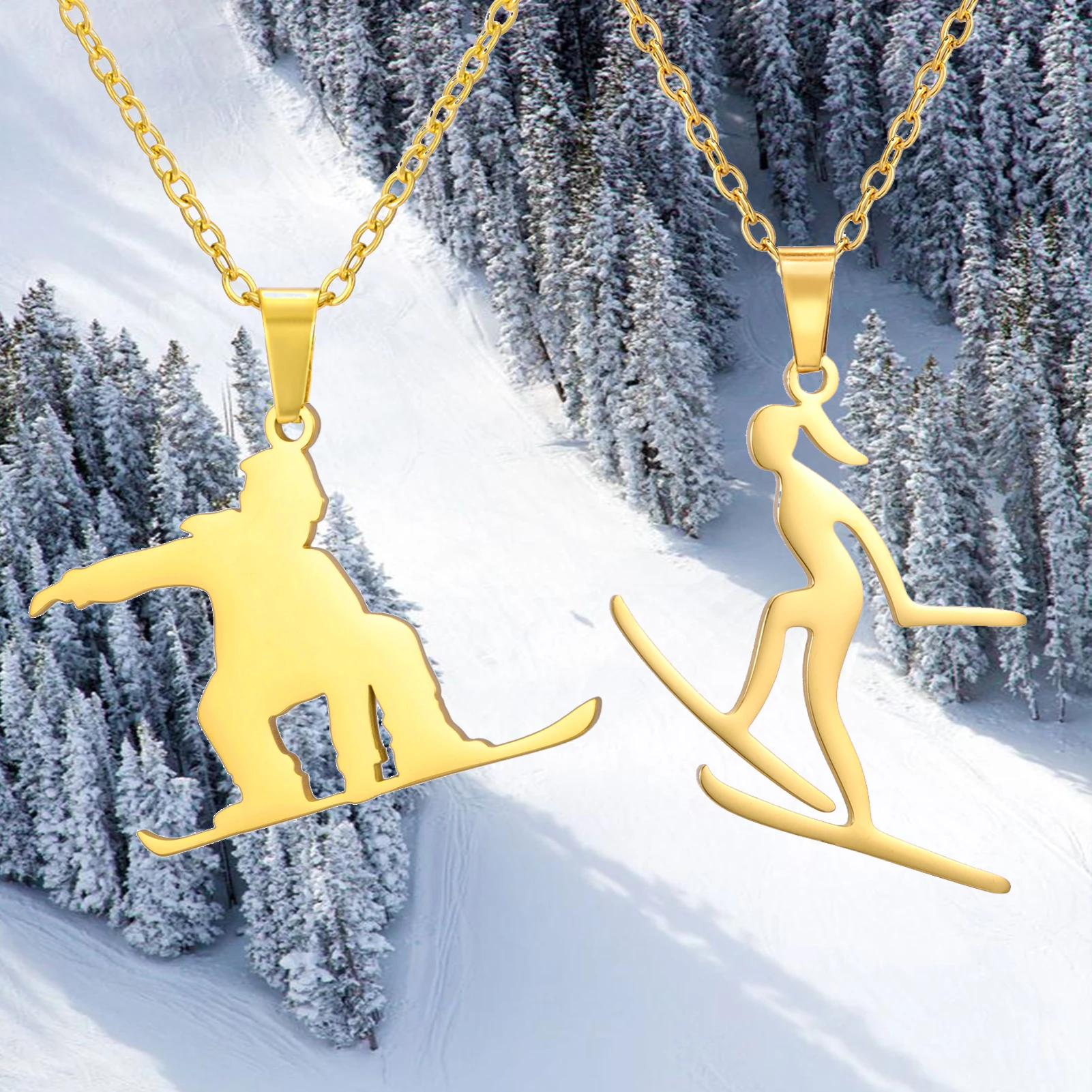 Unift Snow Surfing Skier Necklaces for Children Snowboard Boy Girl Stainless Steel Jewelry Winter Sports Snow Mountain Adventure