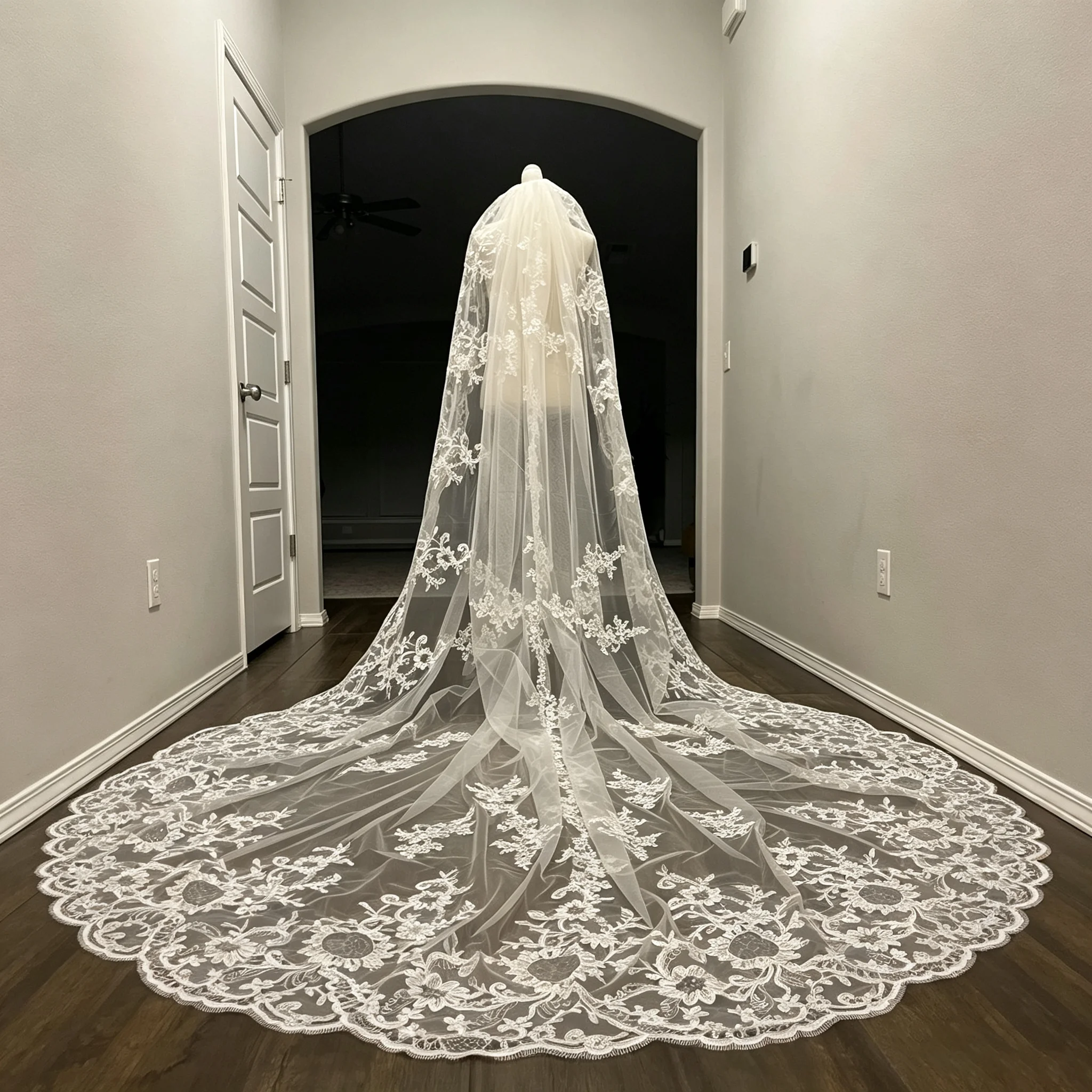 Luxury Extra Wide Cathedral Wedding Veil with Heavy Floral Lace Embroidery and Scalloped Edge Long Tulle Bridal CustomizedV26516