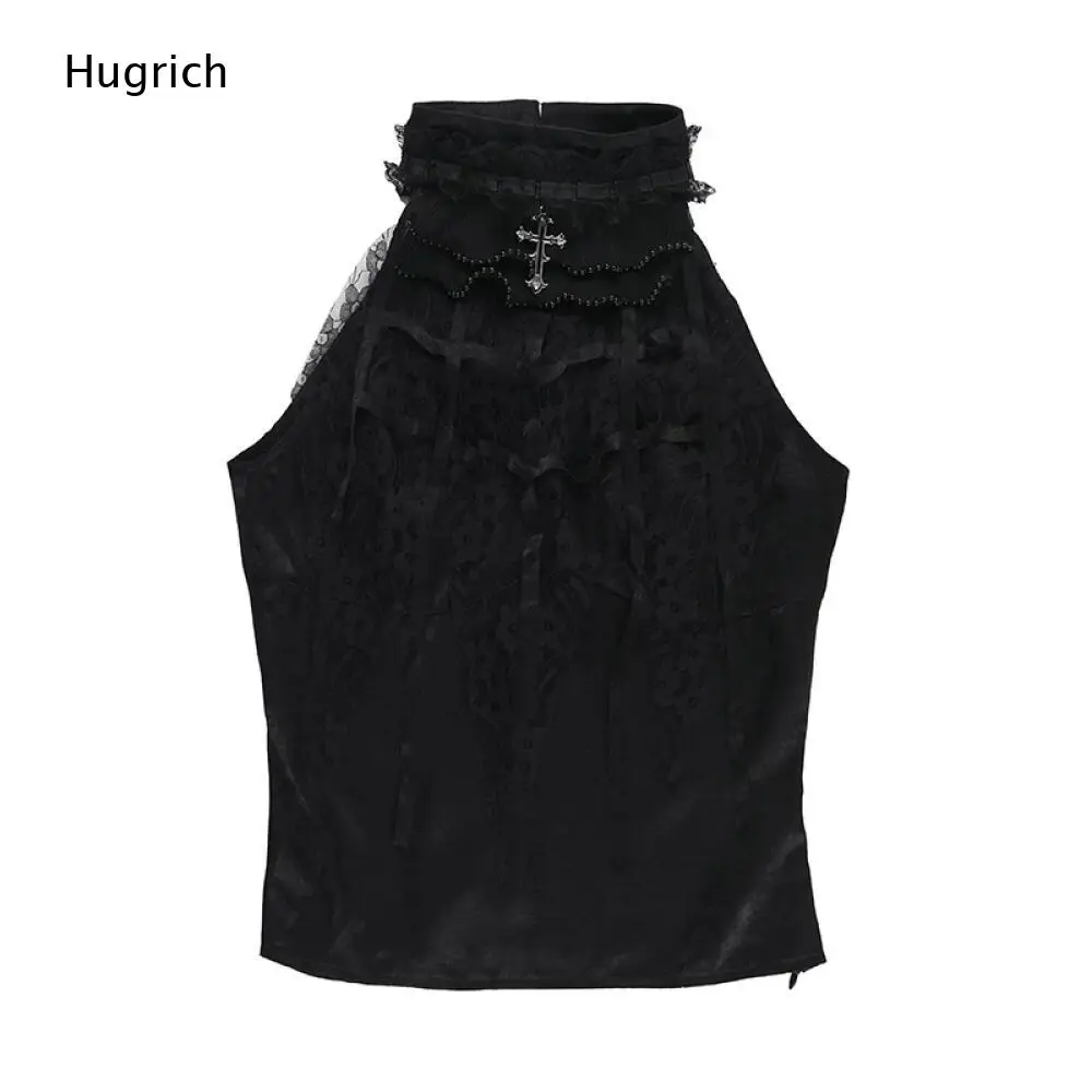 Women Gothic Halter Sleeveless Lace Top High Neck Ruffle Beaded Cross Pendant Ribbon Detail Slim Black Camisole