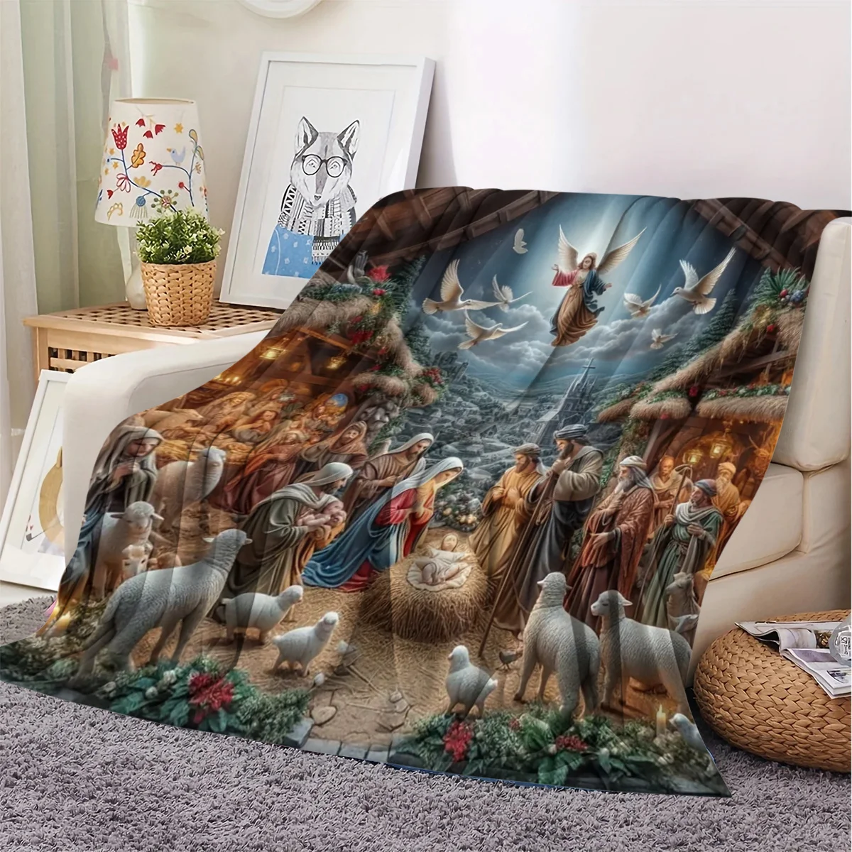 1pc Beginner's Country Christmas Scene Sacred Celebration Pattern Throw Blanket, Air Conditioning Blanket, Flannel Dorm Office N