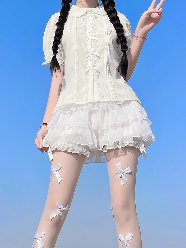 

Lolita Lace Patchwork Doll Collar Women Blouse Sweet Bow Y2k Aesthetic Single Breasted Shirt Harajuku Grunge Puff Sleeve Blusas