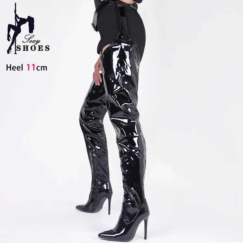 Red Leather Boots Women Belt Buckle Over-the-Knee Heels Nightclub Club Pointed End Long Boots Thigh High Sexy Striptease Shoes