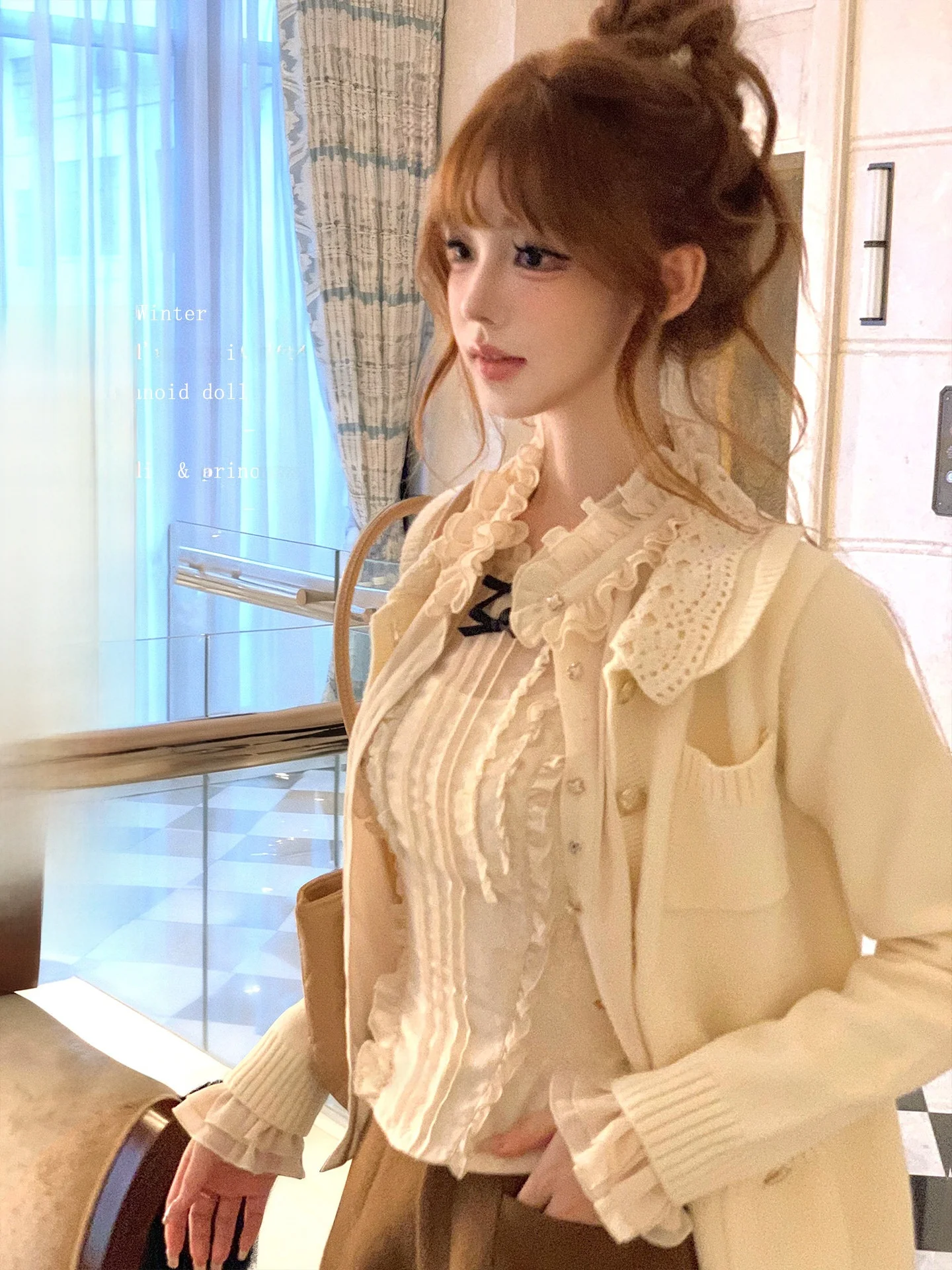 

Lazy Didi Princ Sle Knitted Sweater Coat Lace Collar Detachable Soft Doll Collar Cardigan Women's Faion Autumn Winter Top