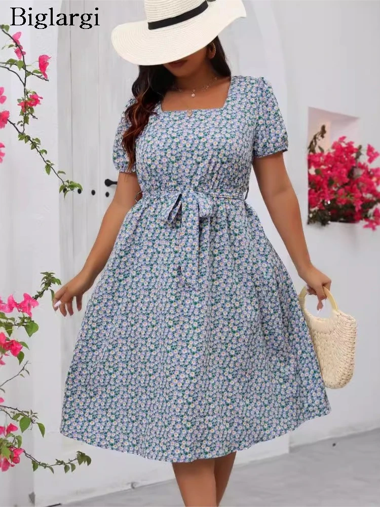 

Летнее платье больших размеров с цветочным принтом, женское платье с квадратным воротником Modis, рюшами, тонкой талией, женские платья, свободное плиссированное женское платье