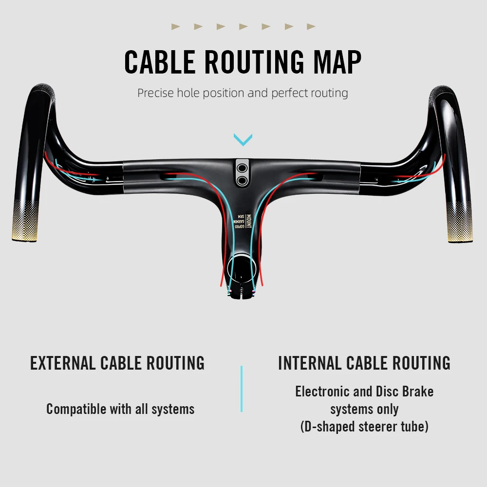 RYET Carbon Road Bike Integrated Handlebar Inner Cable Routine Handlebar For D-Shaped Fork With Computer Mount and Aero Spacer