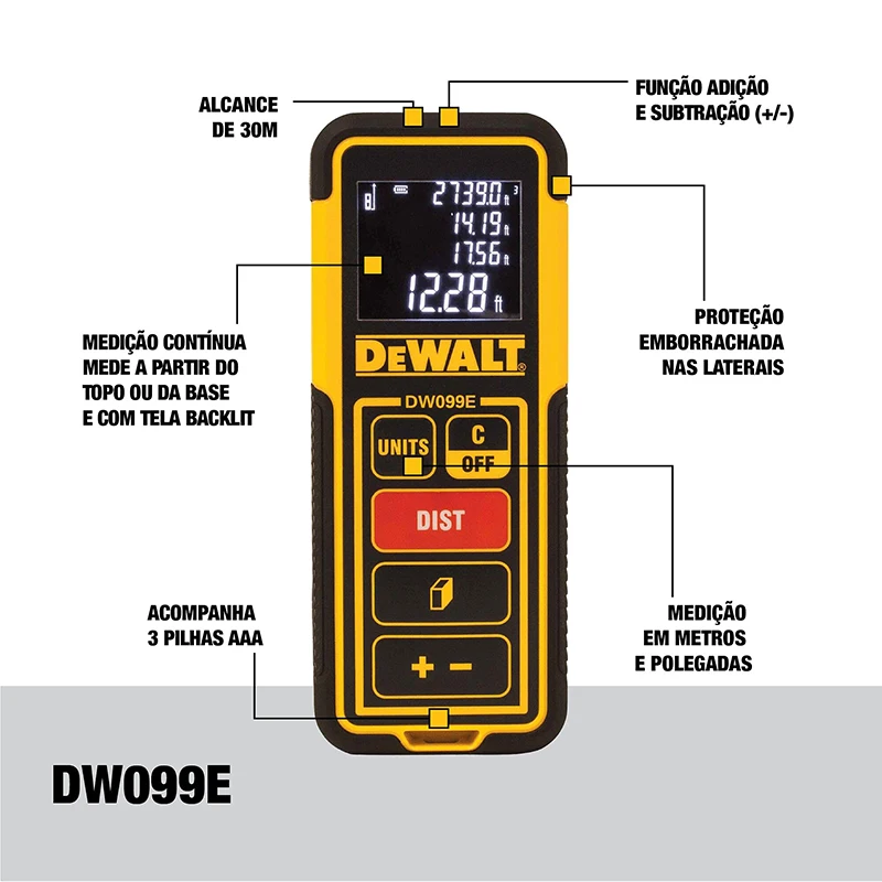 DEWALT DW099E Laser Distance Meter 100-Foot Range Durable Area and Volume Laser Measure Tool Distance Measuring Rangefinder