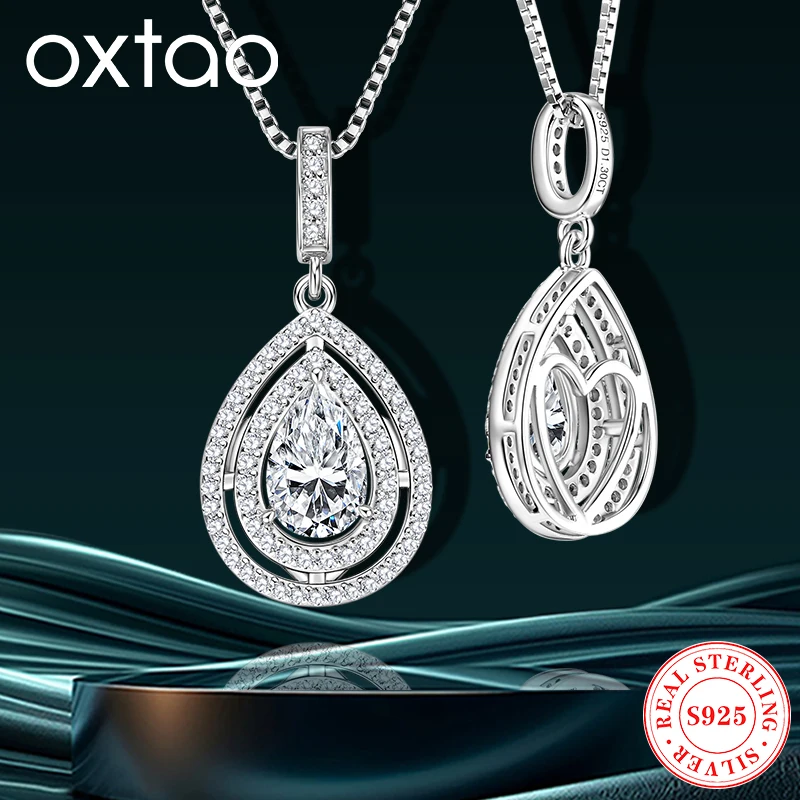OXTAO 925 Sliver Moissanite Water Drop Pendant Necklace Double Layer with Certified for Women Clavicle Chain Necklace Jewelry
