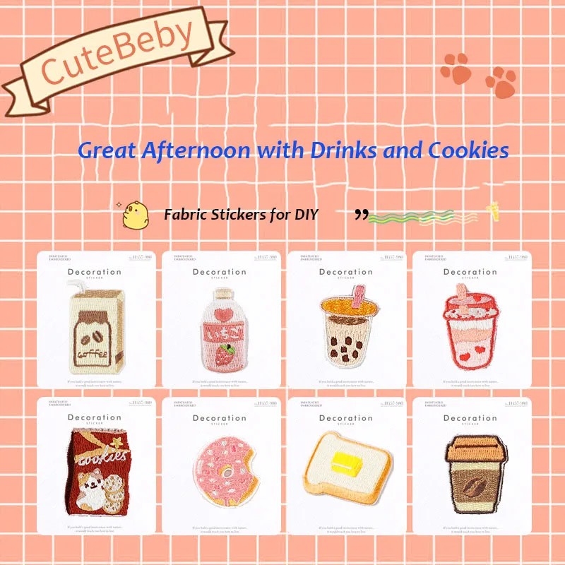 Cartoon Drinks Coffee Cookies Patches DIY Applique Embroidery Parches Fabric Stickers Iron On Patch for Clothes