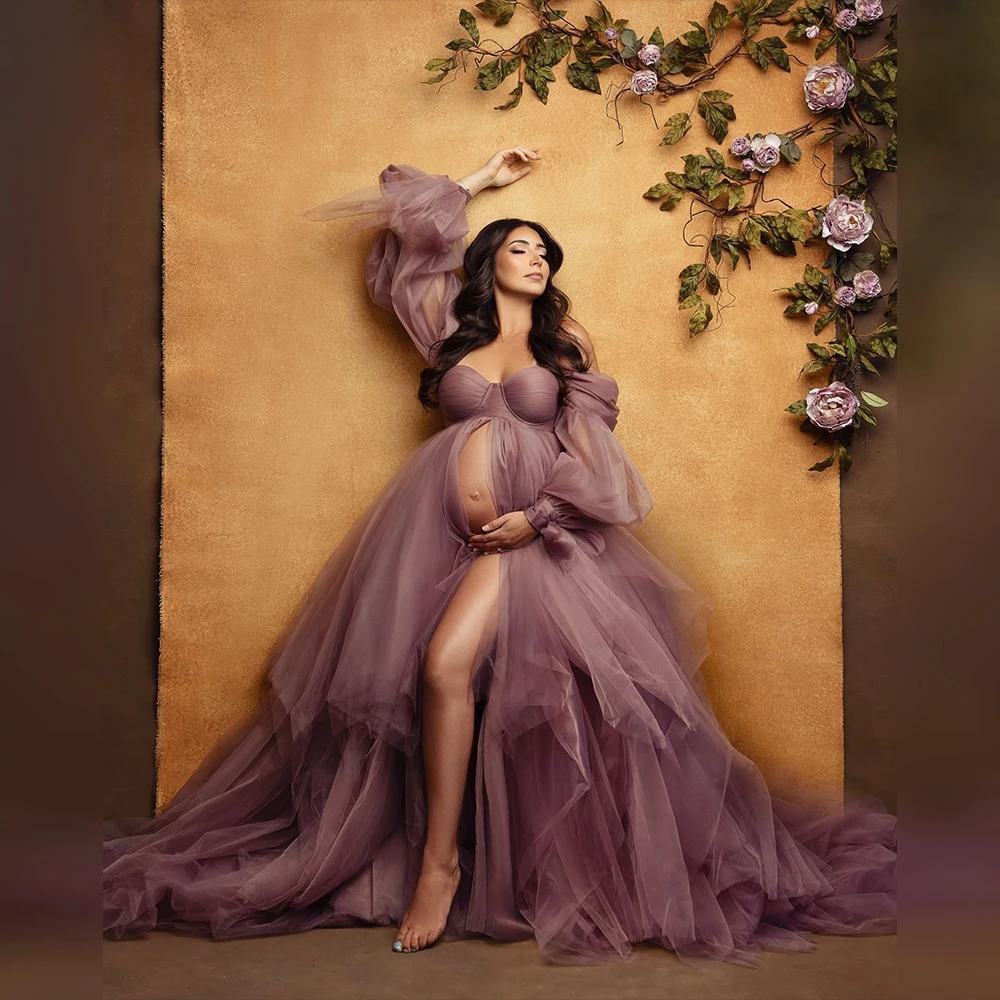 

Платья для выпускного вечера для беременных Милые платья с открытыми плечами Тюлевой халат Платье для фотосессии на заказ Вечернее платье трапециевидной формы с разрезом спереди