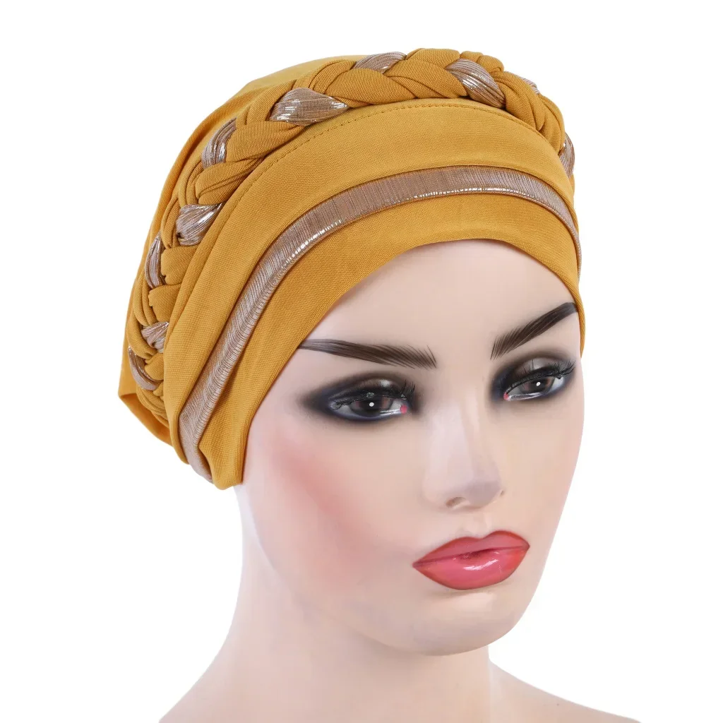 Glitter Braid Islamic Polyester Prayer Hats Turban Hijab Caps Women Muslim Cap Islamic Hijab Turbantes Bonnet Head Wraps Mujer