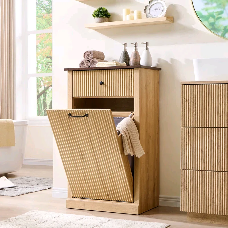

！@Combohome Wood Tilt Out Laundry Hamper Cabinet with Drawer