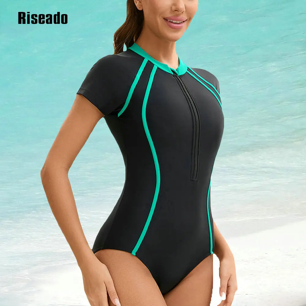 Roseado One Piece Woman Swimsuit Mock Neck Zipper Short Sleeve Bath Clothing Female for Beach