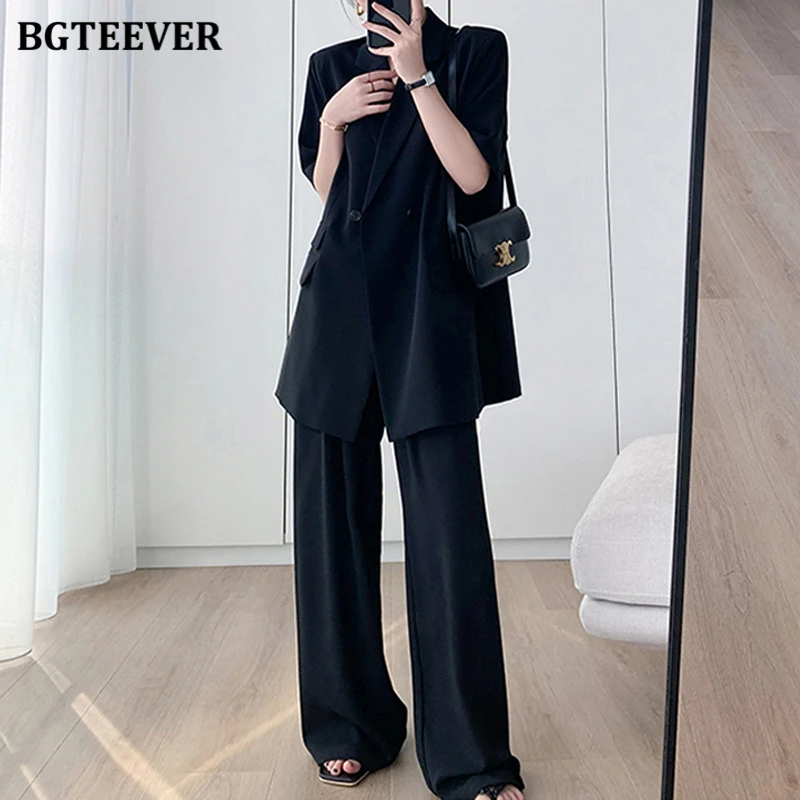 BGTEEVER Summer Ladies Trousers Suits Short Sleeve Jackets & Wide Leg Suit Pants Women Outfits Elegant Ladies 2 Piece Blazer Set