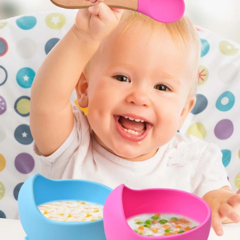 طقم صحون تغذية الطفل من السيليكون مكون من قطعتين أدوات مائدة تعليمية للأطفال مع ملعقة خشبية وشوكة منتجات الأطفال #2