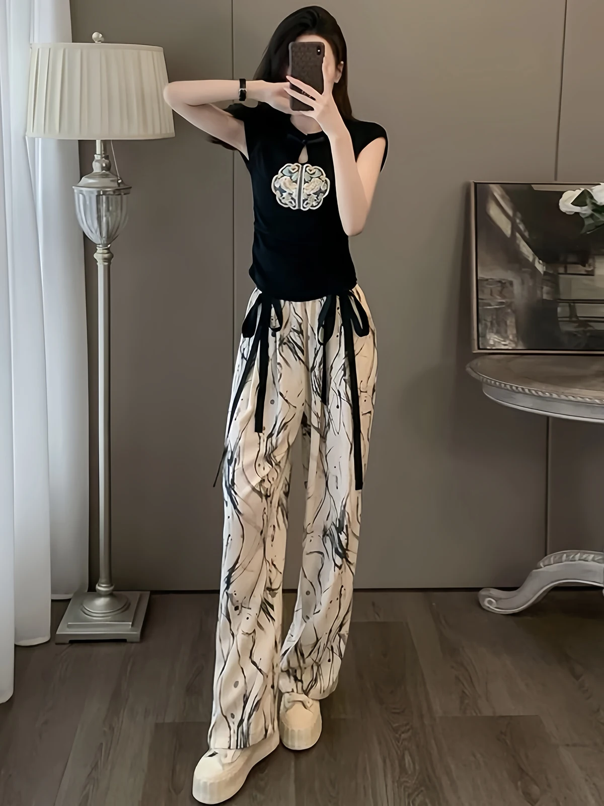 Chinese Style Short Sleeved Suit Female Conjuntos De Pantalones 2024 Summer Slim Top+Wide-Leg Pants 2 Piece Sets Women Outfits