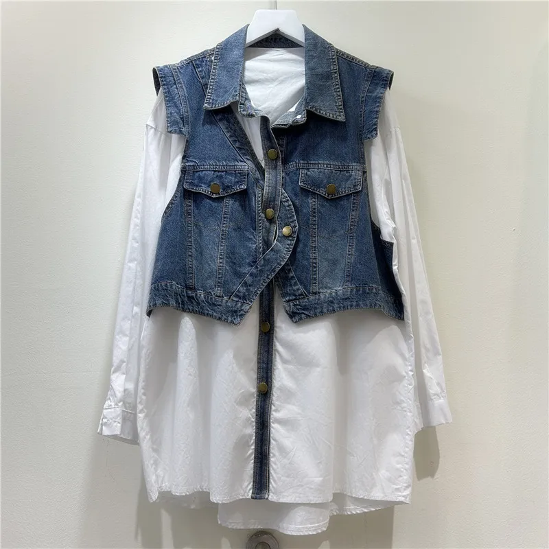 

Женская рубашка-обманка с эффектом двухслойности, джинсовая, в стиле пэчворк, винтажная, с отложным воротником, на одной пуговице, весенняя, уличная мода, рубашка-оверсайз
