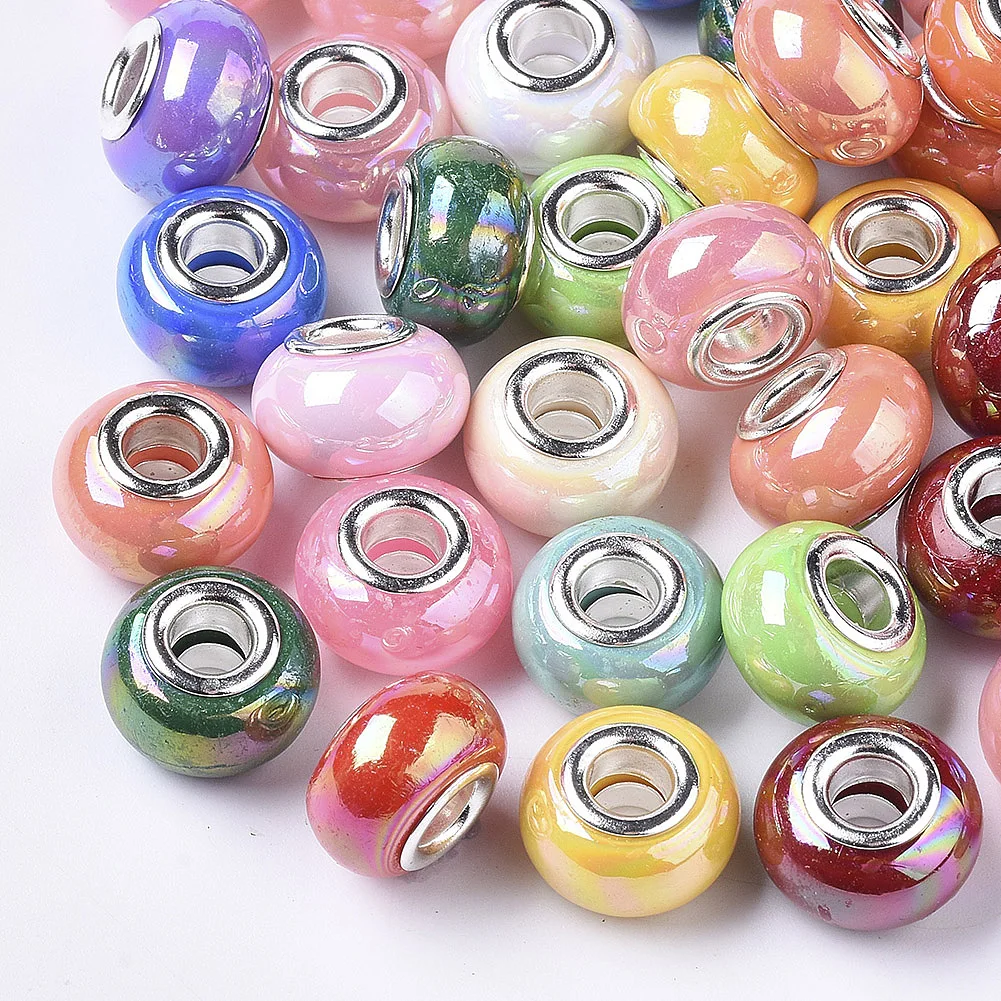 

100PCS Opaque Resin European Beads Large Hole Beads Imitation Porcelain with Platinum Tone Brass Double Cores AB Color Rond