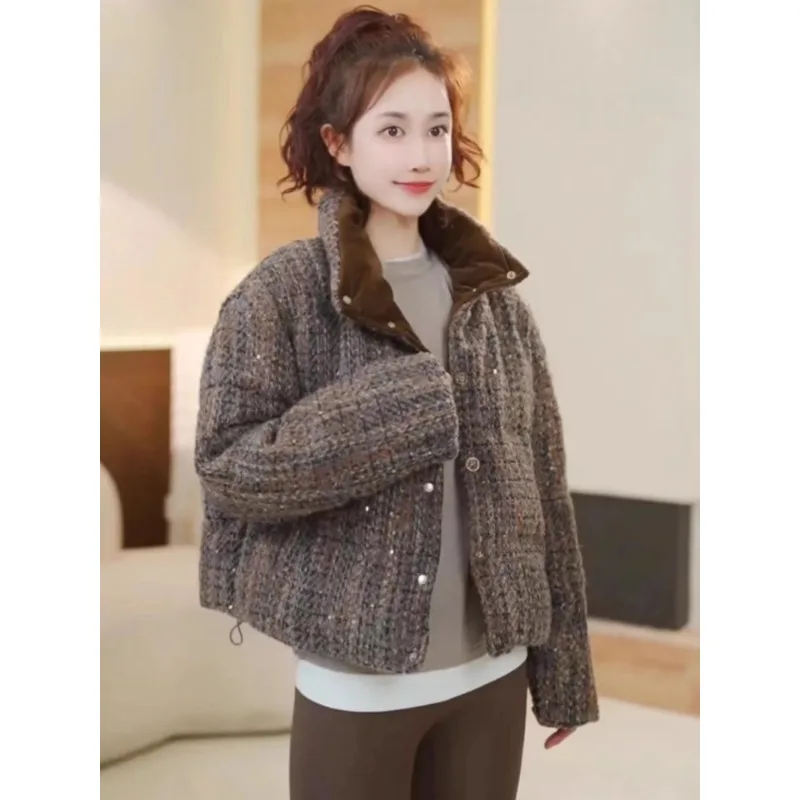 Xiaoxiangfeng Coarse Tweed Down Jacket, Short and Thick Warm White Duck Down Bread Jacket for Women in Winter, Trendy