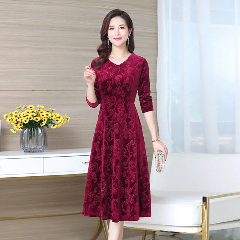 

Vintage Plus Size Ladies Dresses Spring Autumn New Long Sleeve V Neck Solid Color Print Midi Dress Elegant Fashion Women Clothes