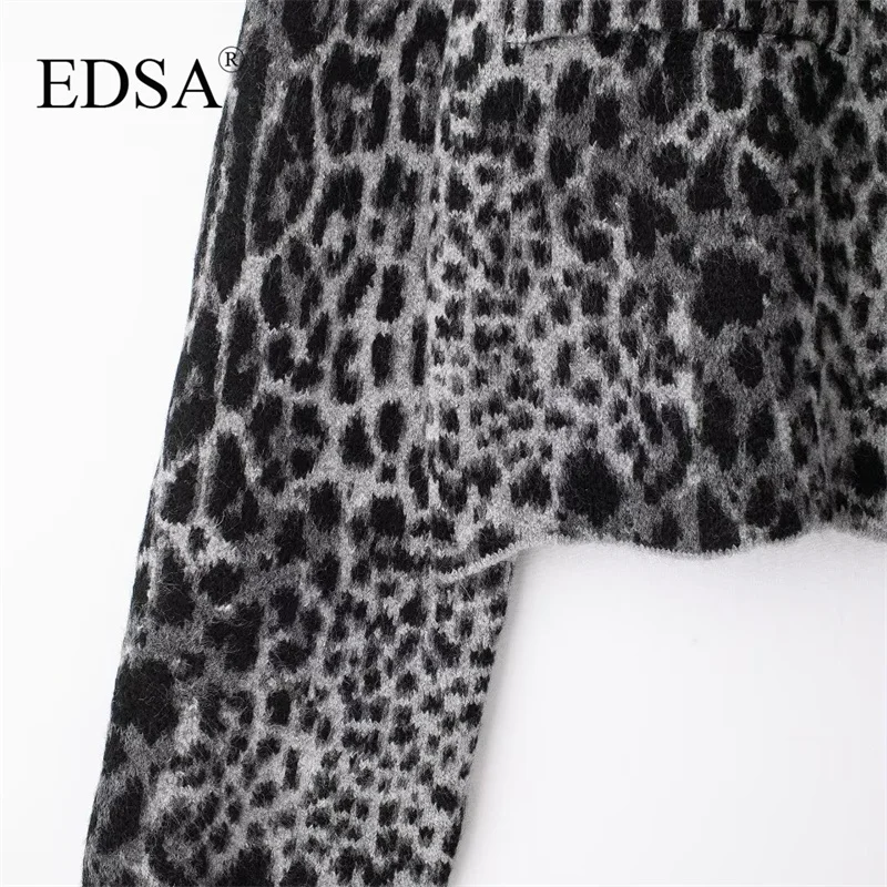 EDSA Women Leoaprd Jacquard Knit Jacket with Pockets Single Breasted Long Sleeves Female Chic Outfit