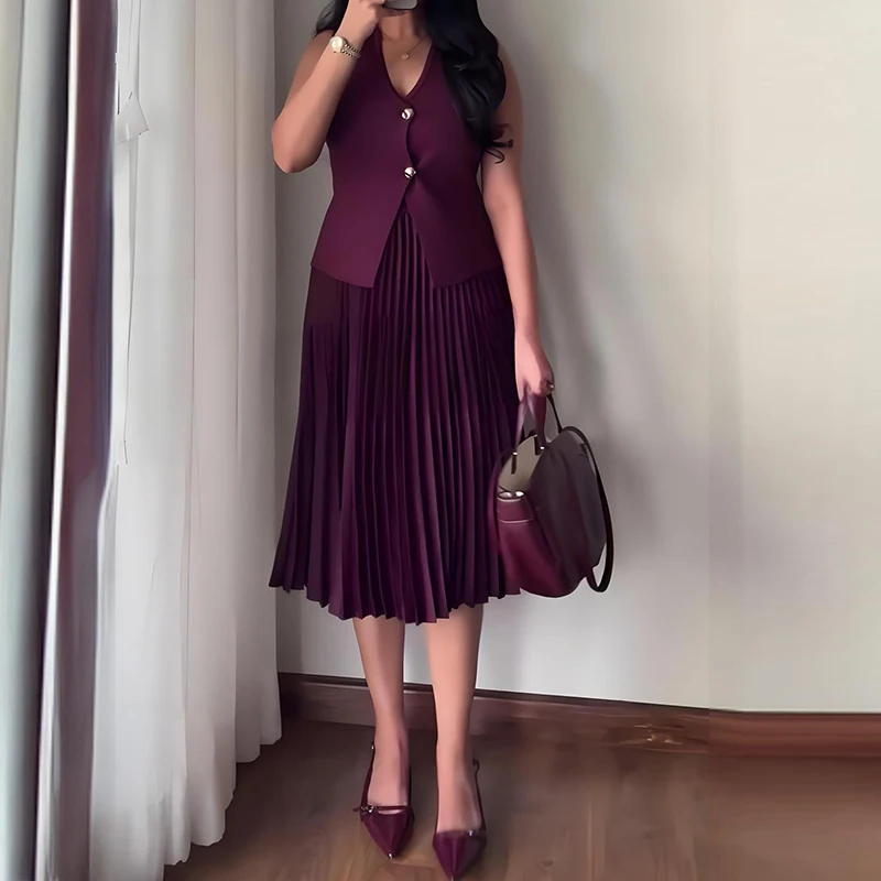 

Sexy Sleeveless Vest Top and Pleated Skirt 2pc Set Spring Summer Hollow Slim Women's Outfits Elegant Commuting Solid Color Suit