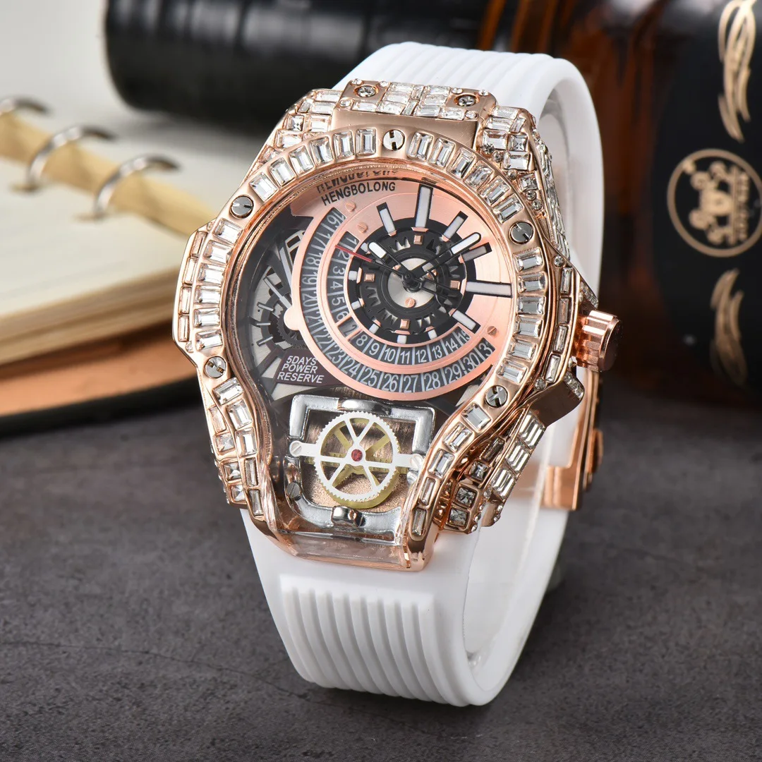 Cassa piena di diamanti Business Luxury Top Orologi da uomo Cinturino in caucciù Colore Creativo Orologio al quarzo decorativo da uomo Orologi AAA Relogio