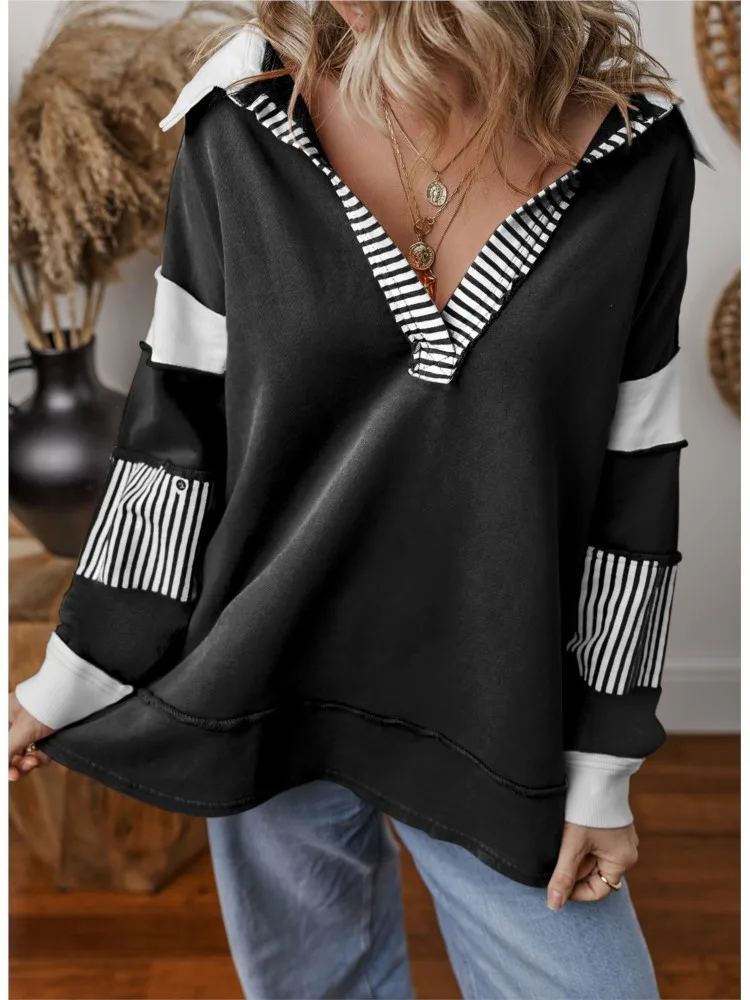 Casual Versatile Deep V-neck Pullover Striped Color Block Long-sleeved Loose Sweatshirt Women's Autumn Commuting Retro Style Top