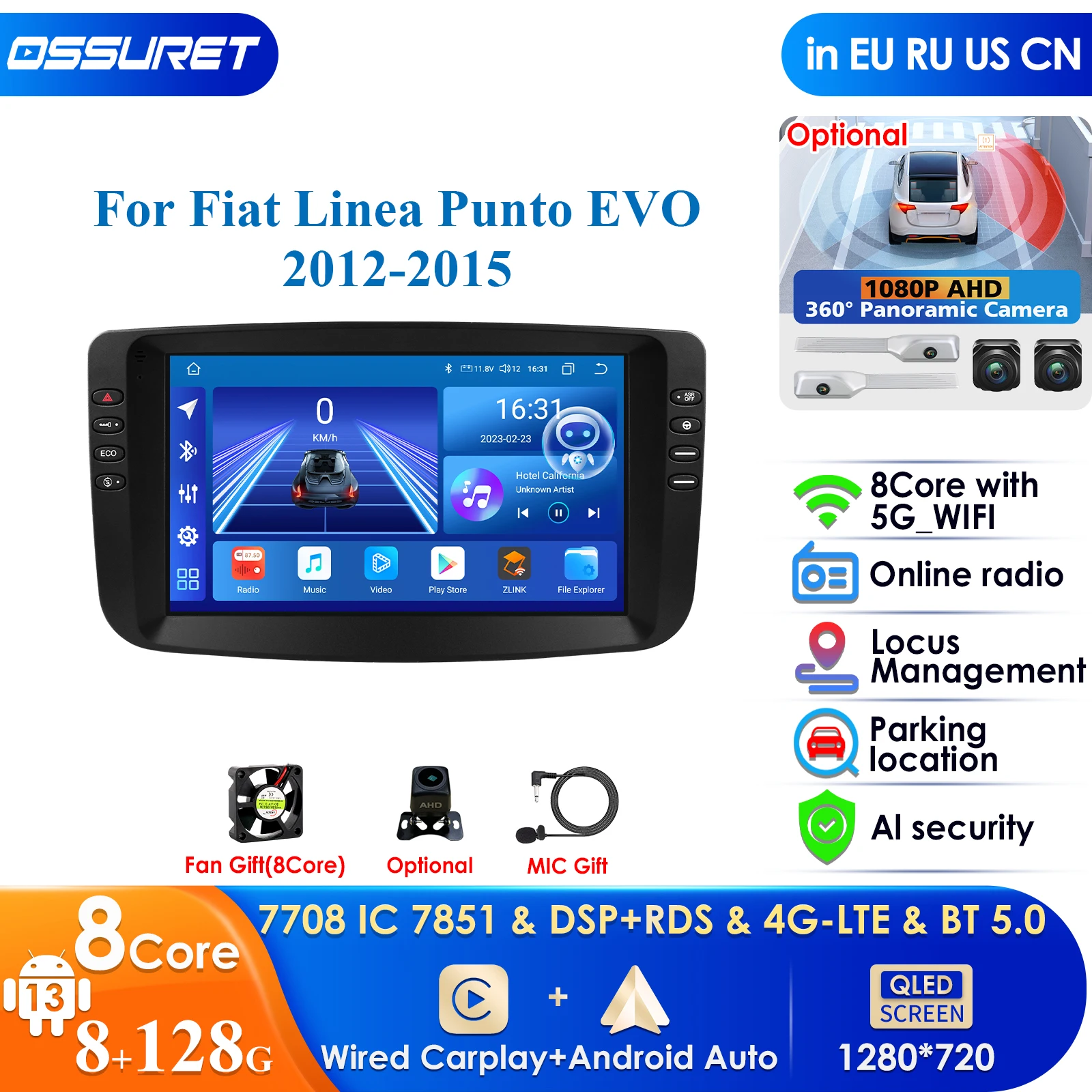 DSP 2din Android Car Radio Multimedia Video Player for Fiat Linea 2012 - 2015 Fiat Punto EVO GPS Navi Carplay Auto 4G LTE RDS AI