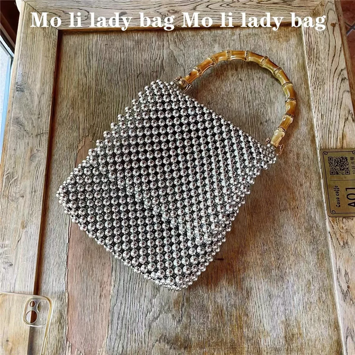 Fashion Bamboo Handle Square Bag Beads Beading Woven Handmade Handbag Women Shoulder Bag Lady Purse Holiday Vacation Beach Bag