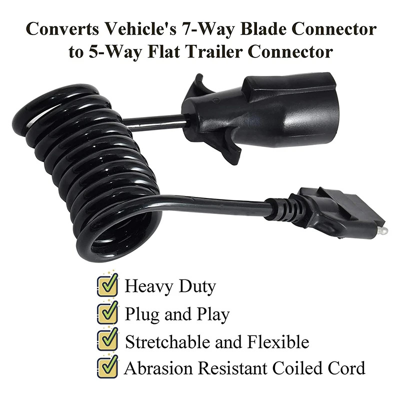 NEW-7 Way Round To 5 Way Flat Coiled Trailer Plug Adapter Plug & Play Trailer RV Blade Vehicle-Side Trailer Wiring Connector