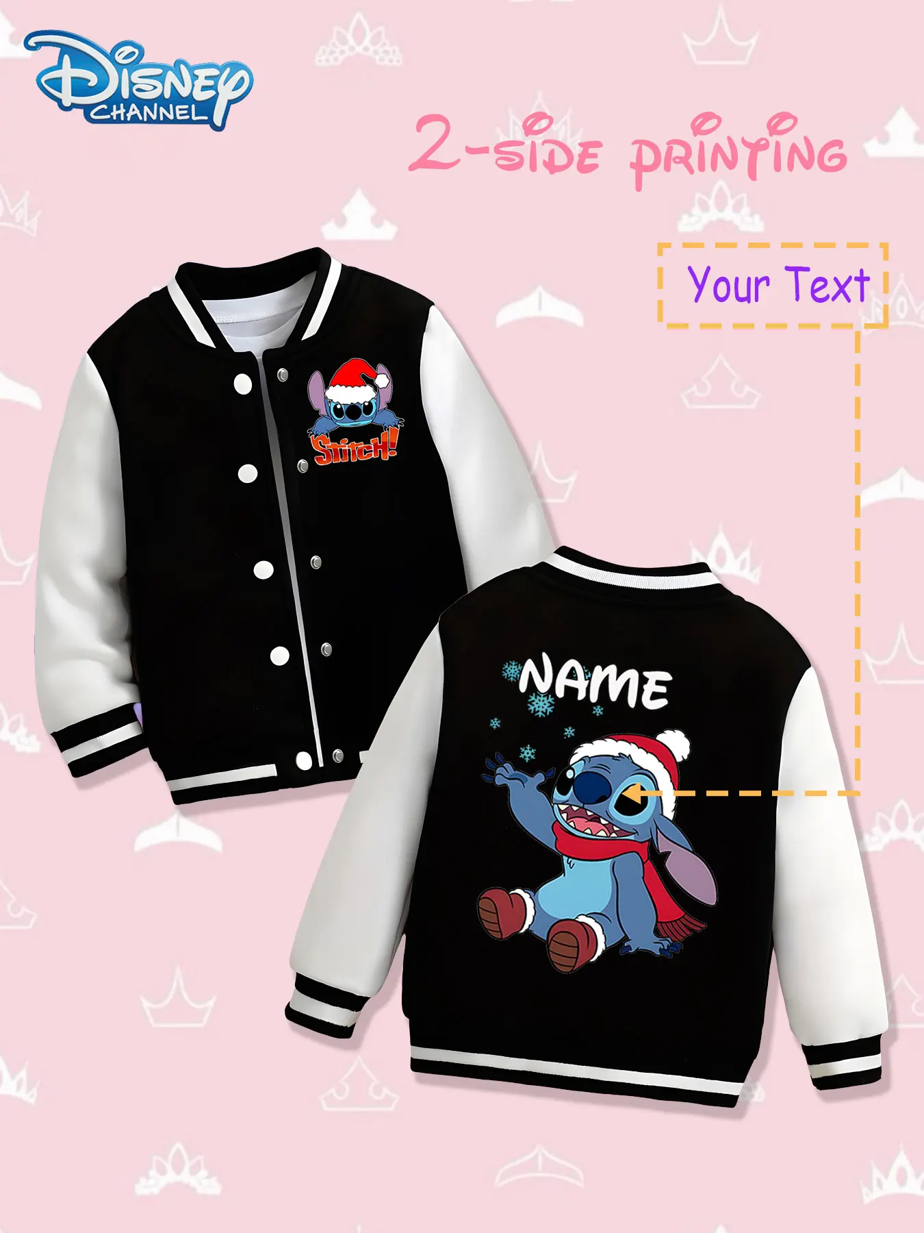 

MINISO Disney Stitch Winter Kids Baseball Jacket - Double-sided print of Stitch wearing a Santa hat, conveying winter joy, suita