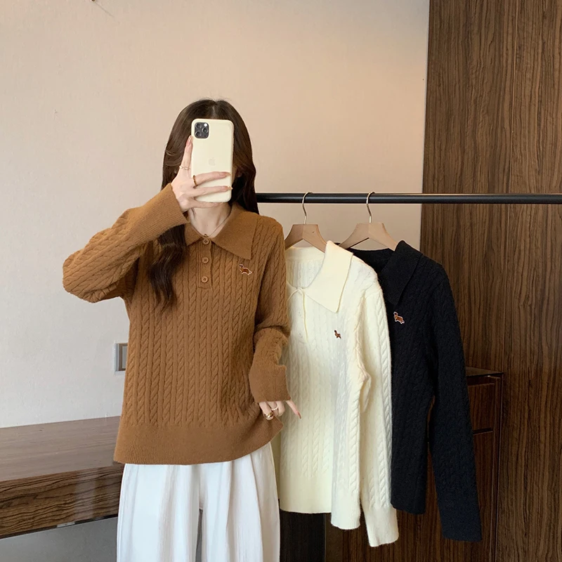 

Новый женский свитер больших размеров 2026 года: повседневный, с длинным рукавом, отложным воротником, осенне-зимний, облегающий, вязаный, модный топ