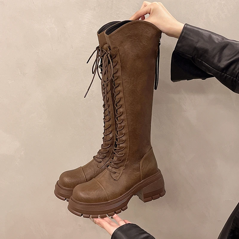 

Women Knight's Boots Platform Chunky Shoes Fashion Knee High Boots Elegant 2025 Winter New Brand Lace Up Shoes Gladiator Botas