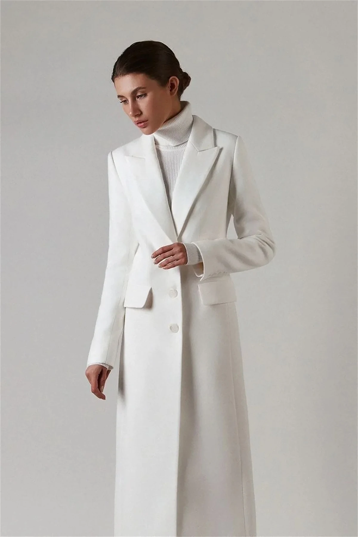 Robe blazer longue blanche pour femme, revers pointu, manches longues, robe couvertes, tenue de soirée sur mesure, une veste, tenues de fête