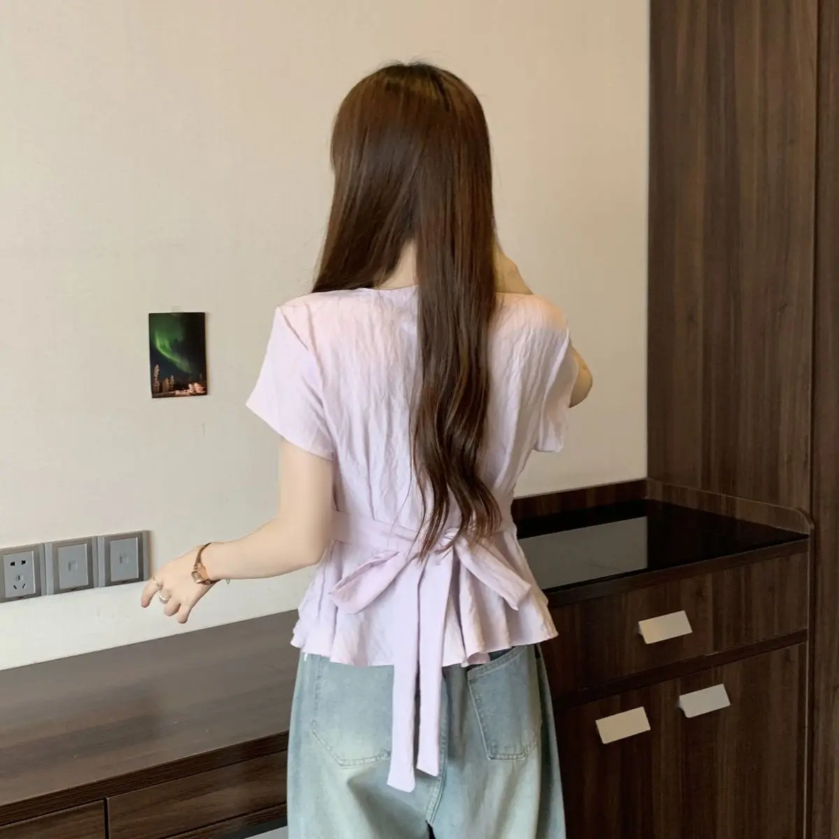 Kurzarmhemden für Damen, Denim, Patchwork, Ballonärmel, geknöpftes Hemd, Club, Retro, Freund, Streetwear, Student, Jugend, Urban