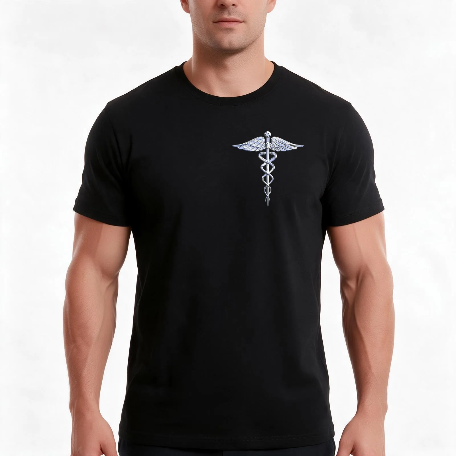 Chrome like Medical Caduceus Snakes T-Shirt, Summer Casual Cotton Tee, Oversized Streetwear Tops, Vintage Graphic Print