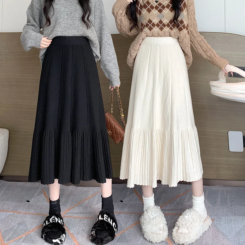 Women's Autumn Winter Solid Shirring Ruffles Elastic Folds High Waisted Sweater Knitted Loose Casual Vintage Office Lady Skirts