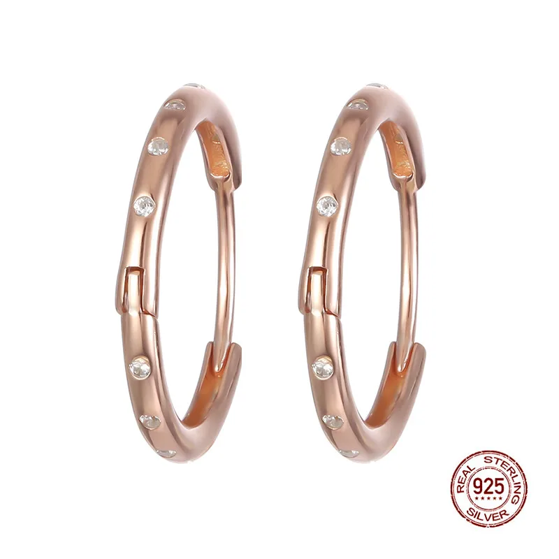 RORU 925 Sterling Silver 19mm Zircon Rose Gold Plated Round Hoop Earrings for Women Shiny Fine Jewelry Fashion Ear Ring Congo