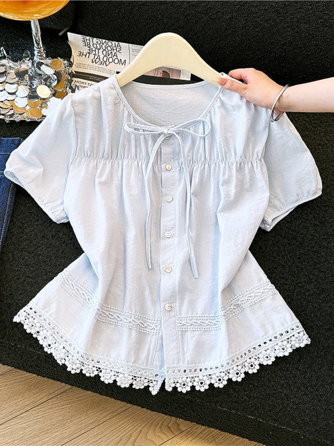 

Korean Style Short Sleeve Doll Shirt Patchwork Bell Sleeve Lace Trim Regular Shoulder Large Size Women's Top Breathable Polye...