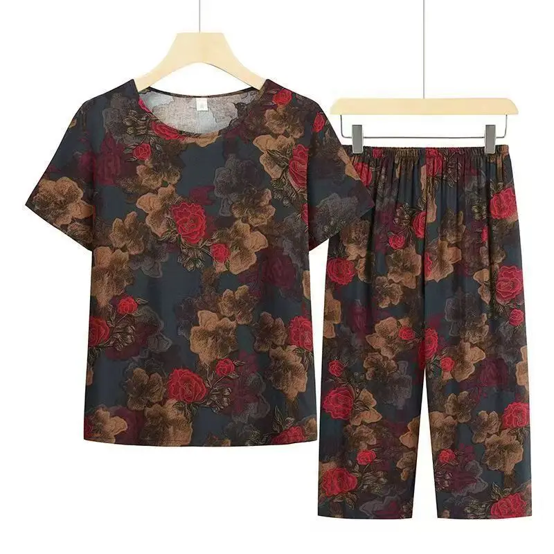 Sommer-Outfits: Lässiger Pyjama aus Eisseide, lockerer zweiteiliger Anzug in Übergröße mit kurzärmeligem Oberteil – Detail 10