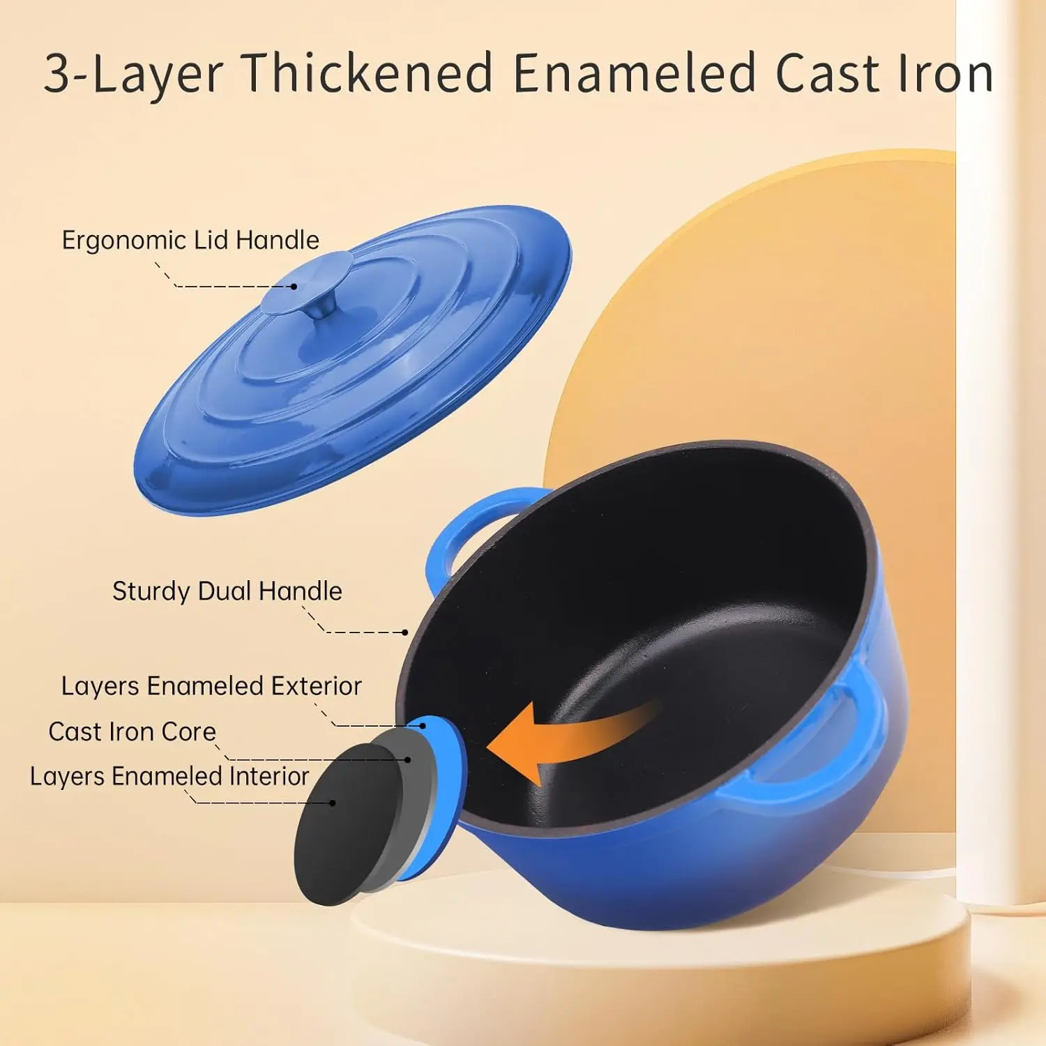 Horno holandés de hierro fundido esmaltado de 6 cuartos con tapa y accesorios de silicona, olla para horno holandesa redonda con tapa, asas dobles, apto para horno hasta 5