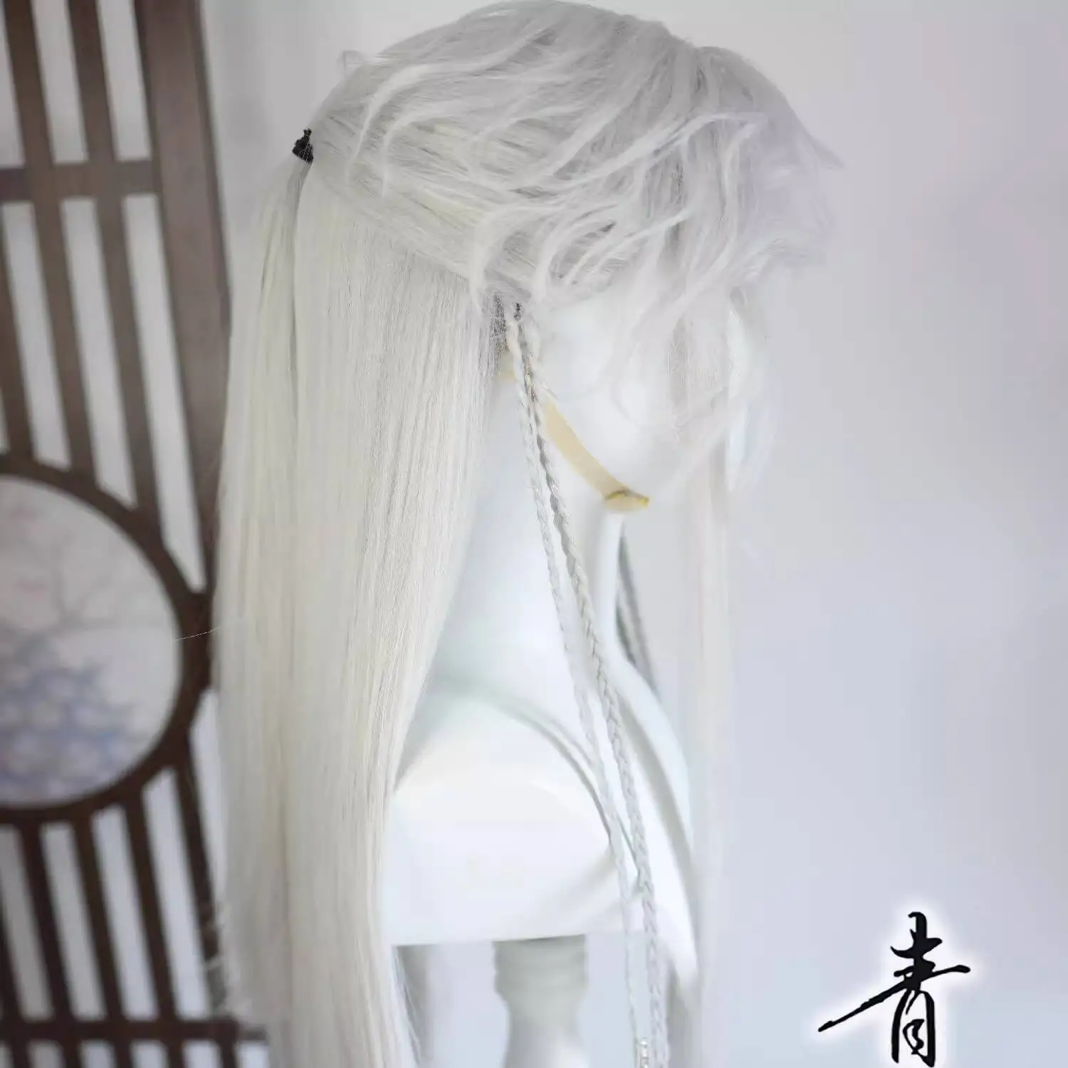 Conjunto de peruca pontiaguda de beleza com remendo azul e cinza prateado estilo antigo romance anime master cos conjunto de peruca