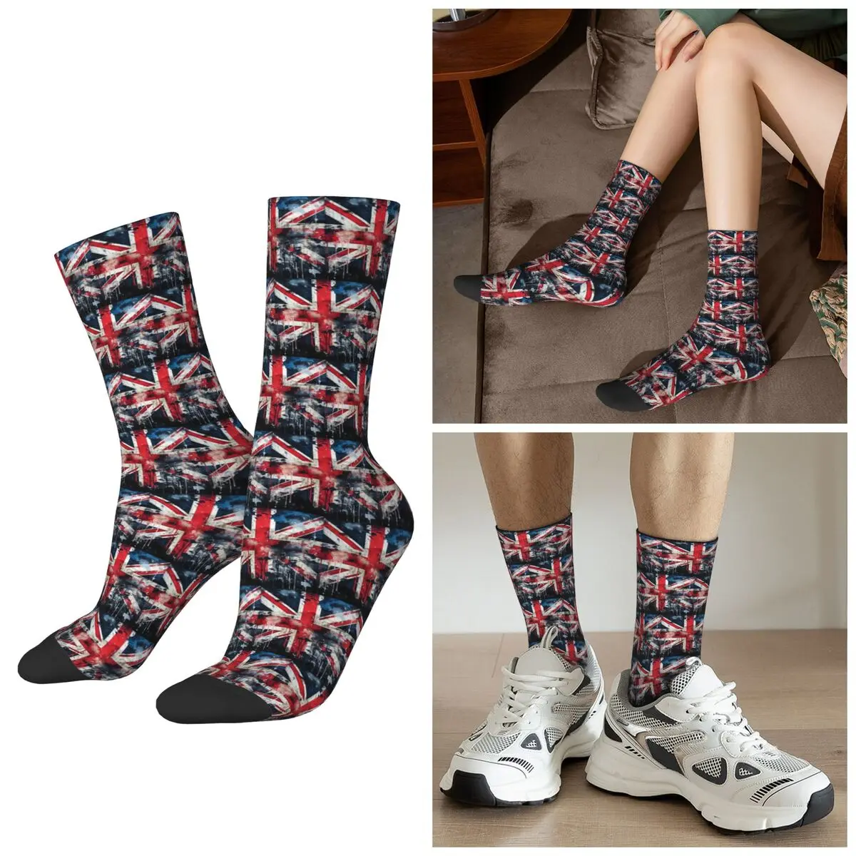 All Seasons UK Flag Paint Texture Socks Harajuku Sport Middle Tube Socks Fashion Stockings for Men Women Valentine's Day Gifts
