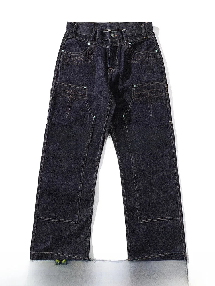 

High Waist Wide Leg Workwear Pants Narrow Range Western Series 6.5OZ Double Knee Logging Indigo Denim Youth Faion Cotton